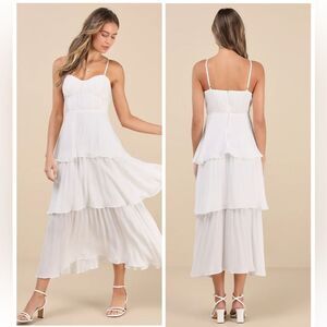 Lulus Cascading Crush White Tiered Bustier Midi Dress size medium Bridal Pleated
